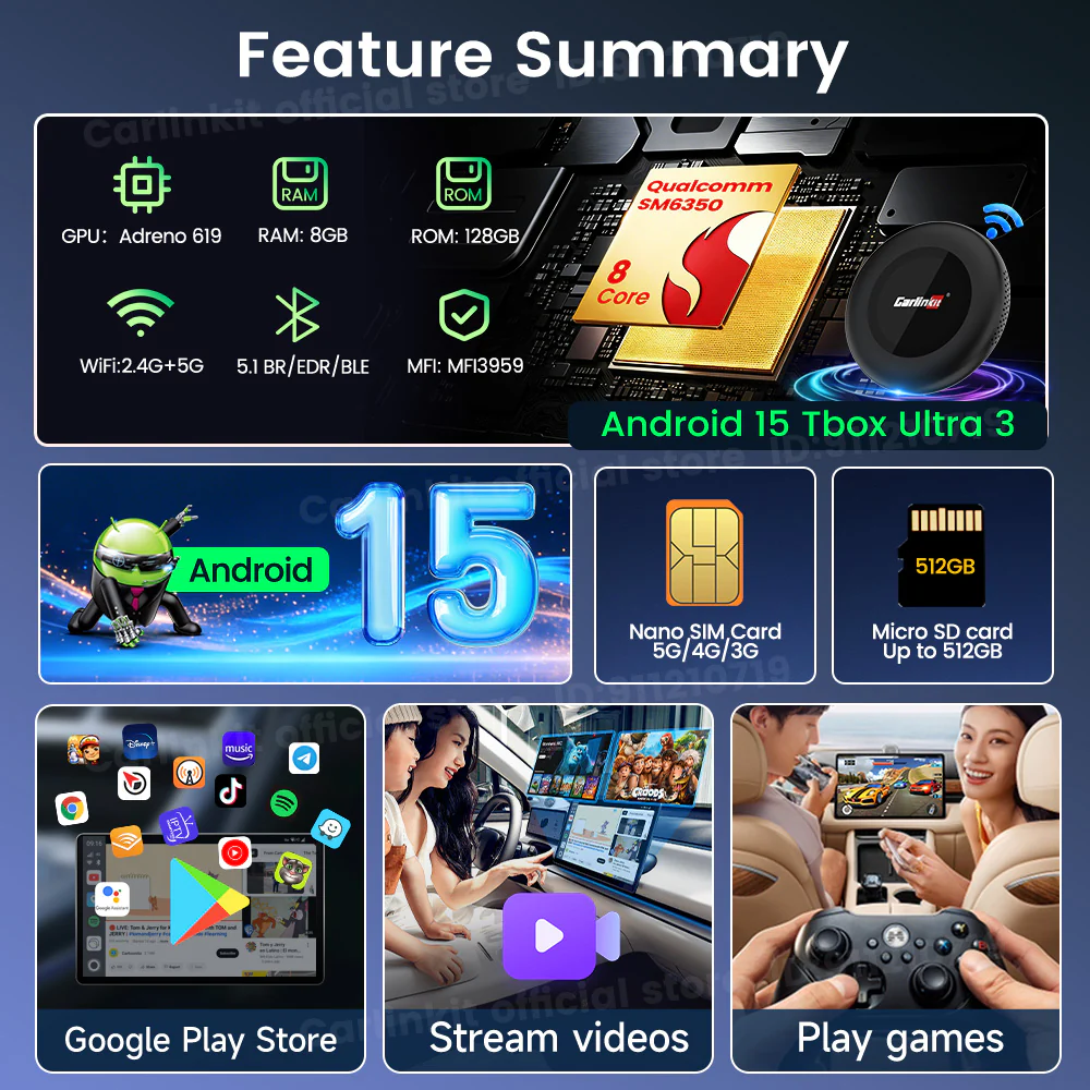 Carlinkit 5G LTE Tbox Ultra 3 Android Tv Box Android 15 Wireless Carplay Adapter QCM6350 Smart Car Ai Box Carplay For Netflix Youtube - Image 3