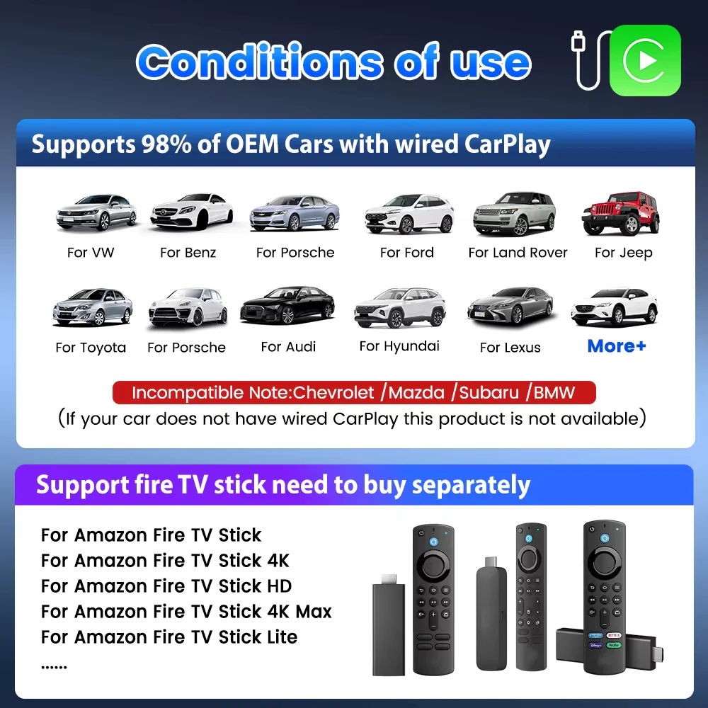 Carlinkit Support Fire TV Stick Specifically designed for Amazon Fire TV Stick Enjoy Streaming in Your Car Wired CarPlay to HDMI - Image 3