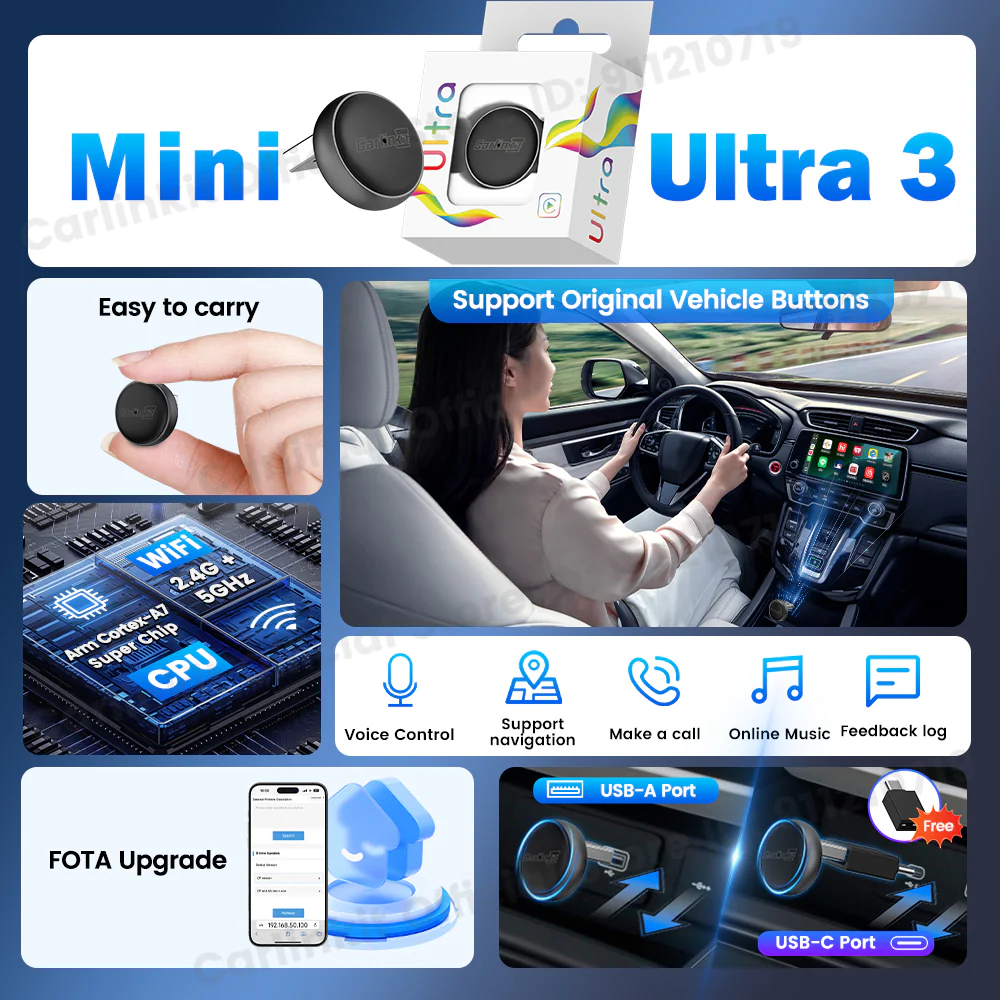 Carlinkit Wireless CarPlay & Android Auto Adapter - Mini Ultra 3 Convert OEM Wired to Wireless Dongle for iPhone & Android 11+, USB-A/Type-C Plug & Play, Fast Connection, Online Upgrade - Image 4