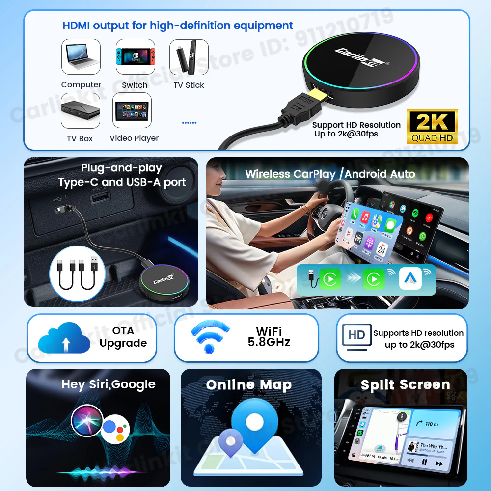 HD2CP Pro CarlinKit 3-In-1 Car Adapter Support HDMI Wireless CarPlay Wireless Android Auto HDMI Video Streaming Box Plug & Play - Image 3