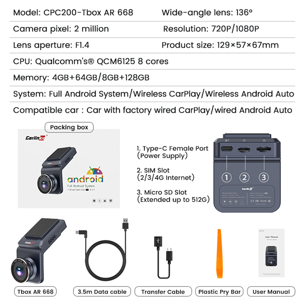CarlinKit QCM 6125 Android 13 Wireless Carplay Al Box Android Auto HD Dash Cam 1080P 4G+64G YouTube Netflix Google Play Mini TV Box - Image 3